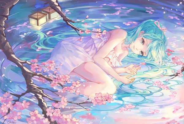 Anime picture 2622x1772 with vocaloid hatsune miku qie single highres lying very long hair aqua eyes aqua hair partially submerged cherry blossoms on side afloat girl dress water white dress branch lantern strapless dress