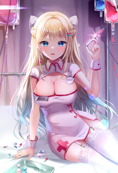 Anime picture 2072x3040 with original mayo (miyusa) single long hair tall image looking at viewer blush fringe highres breasts open mouth blue eyes light erotic blonde hair large breasts sitting holding indoors blunt bangs braid (braids)