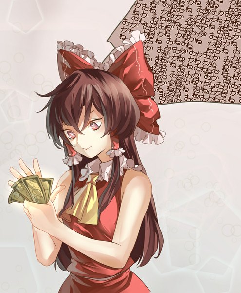 Anime picture 825x1000 with touhou hakurei reimu eredhen single long hair tall image simple background smile red eyes brown hair bare shoulders grey background text looking down symbol-shaped pupils girl bow hair bow hair tubes speech bubble