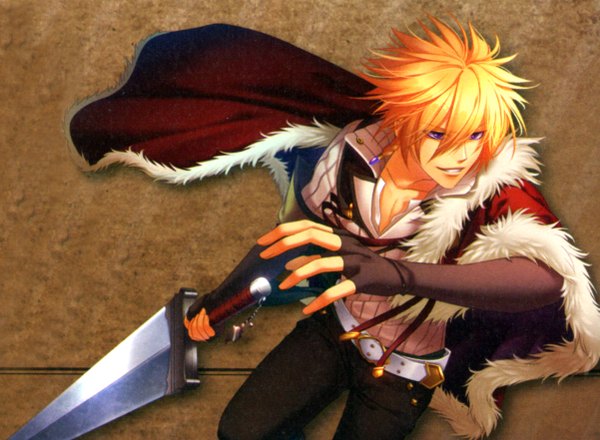 Anime picture 2402x1764 with beast master and prince (game) idea factory matheus single highres short hair blonde hair simple background smile purple eyes braid (braids) open collar boy gloves weapon sword elbow gloves belt fur cloak