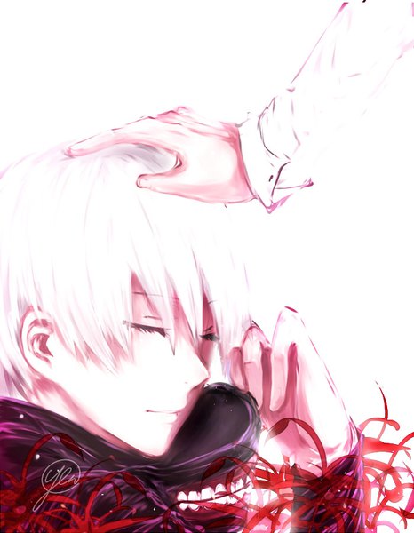 Anime picture 700x900 with tokyo ghoul studio pierrot kaneki ken na yeon single tall image fringe short hair simple background hair between eyes white background signed upper body white hair eyes closed light smile hand on another's head boy flower (flowers) mask
