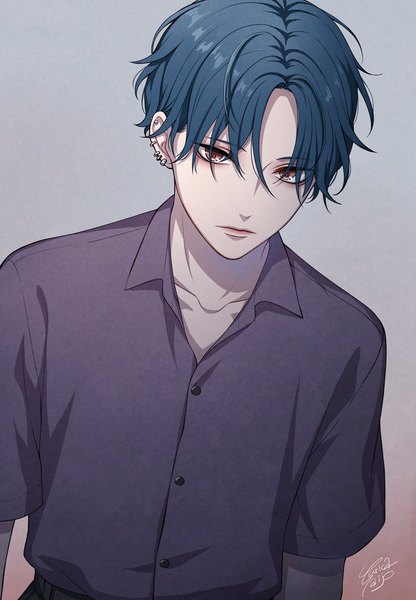 Anime picture 1040x1500 with original ca yu single tall image short hair simple background red eyes signed blue hair looking away upper body grey background piercing ear piercing boy buttons