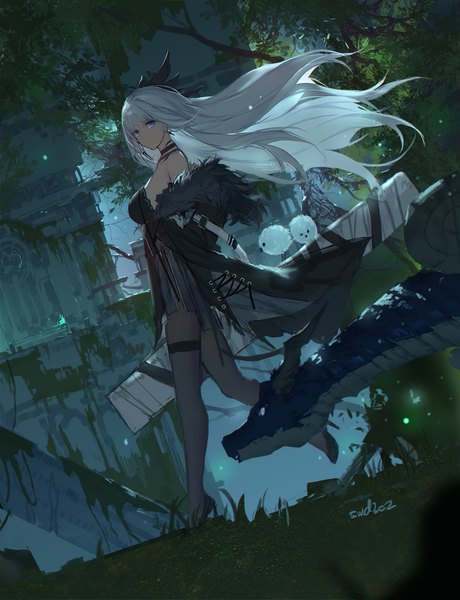 Anime-Bild 1125x1466 mit original swd3e2 single long hair tall image looking at viewer fringe breasts blue eyes full body bent knee (knees) outdoors blunt bangs wind off shoulder open jacket high heels dutch angle fur trim fantasy