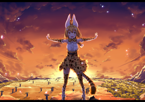 Anime picture 2000x1417 with kemono friends serval (kemono friends) ugume single looking at viewer blush highres short hair breasts open mouth blonde hair smile standing animal ears yellow eyes sky cloud (clouds) outdoors tail :d