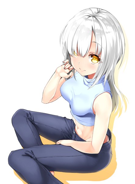 Anime picture 873x1184 with original murata taichi single long hair tall image looking at viewer blush fringe breasts light erotic simple background smile white background yellow eyes white hair from above hair over one eye pantyshot muscle abs
