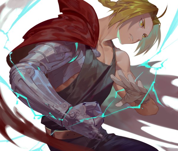 Anime picture 868x738 with fullmetal alchemist studio bones edward elric yamakawa single long hair simple background blonde hair yellow eyes payot looking away ahoge braid (braids) single braid fighting stance clenched teeth electricity mechanical arms boy belt