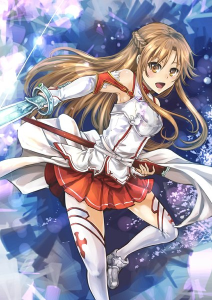 Anime-Bild 744x1053 mit sword art online a-1 pictures yuuki asuna ks single long hair tall image blush open mouth smile brown hair brown eyes pleated skirt girl thighhighs skirt weapon white thighhighs sword cloak