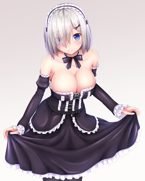 Anime picture 800x1000 with kantai collection hamakaze destroyer tapisuke single tall image looking at viewer blush fringe short hair breasts blue eyes light erotic smile bare shoulders cleavage silver hair hair over one eye girl dress detached sleeves