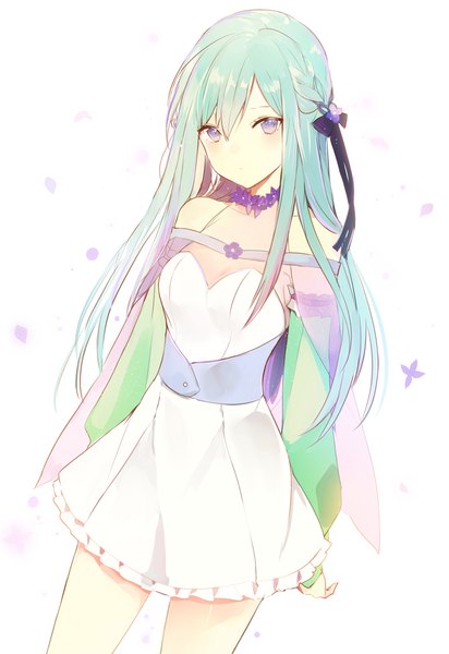 Anime picture 700x1019 with original lpip single long hair tall image looking at viewer blush fringe simple background standing white background purple eyes payot cleavage braid (braids) head tilt green hair floating hair side braid hands behind back