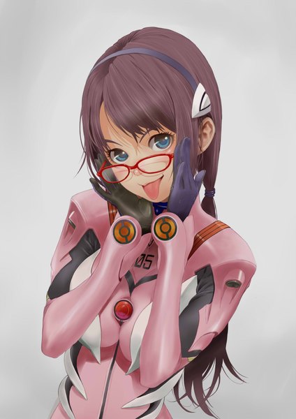 Anime picture 1400x1980 with neon genesis evangelion gainax makinami mari illustrious manbou (manvow) single long hair tall image blue eyes simple background brown hair :p girl glasses hairband tongue bodysuit