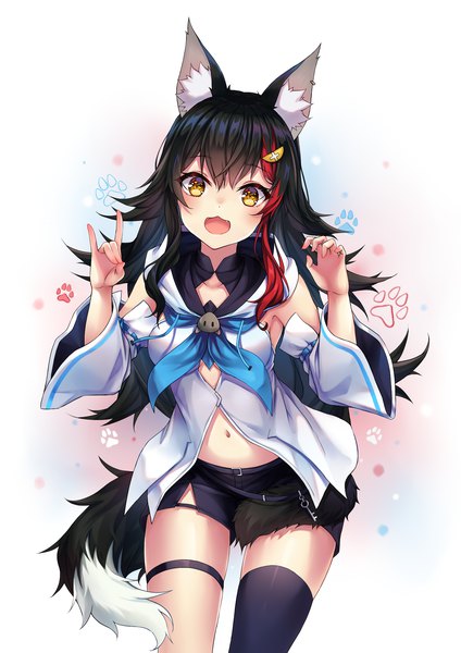 Anime picture 1447x2046 with virtual youtuber hololive shirakami fubuki ookami mio shirakami fubuki (1st costume) n15e single long hair tall image looking at viewer fringe black hair hair between eyes standing animal ears yellow eyes tail animal tail multicolored hair bare belly