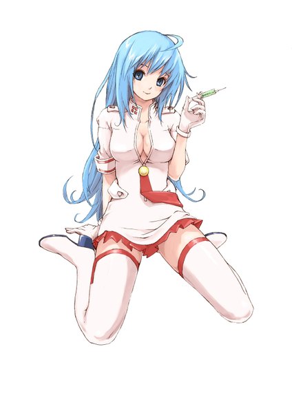 Anime picture 1132x1600 with dr rurru rurru risou (maeda risou) single long hair tall image looking at viewer blue eyes light erotic simple background smile white background blue hair nurse girl gloves thigh boots syringe