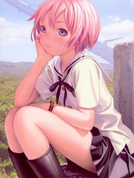 Anime picture 2641x3500 with shangri-la gonzo houjou kuniko range murata single tall image looking at viewer fringe highres short hair smile sitting purple eyes pink hair sky cloud (clouds) outdoors pleated skirt scan official art