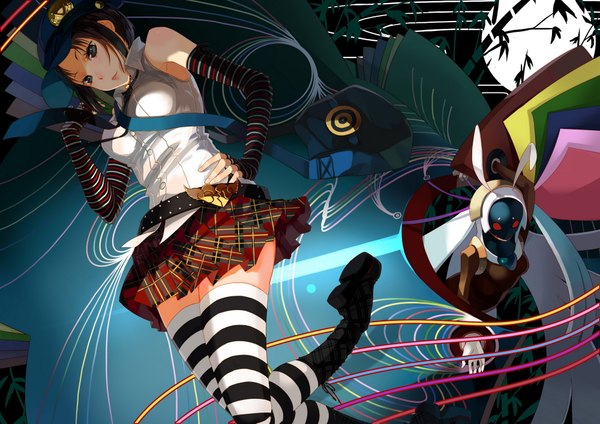 Anime picture 2000x1414 with persona persona 4 golden marie (persona 4) selenoring single highres short hair blue eyes black hair red eyes standing bare shoulders zettai ryouiki hand on hip plaid skirt open collar girl thighhighs hat detached sleeves