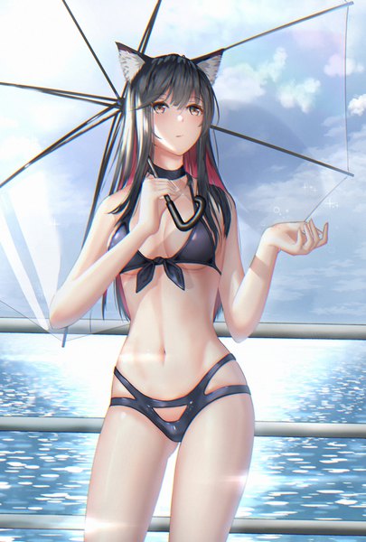 Anime picture 2362x3496 with arknights texas (arknights) eleaaa single long hair tall image fringe highres breasts light erotic black hair hair between eyes standing bare shoulders holding brown eyes animal ears payot sky cloud (clouds)