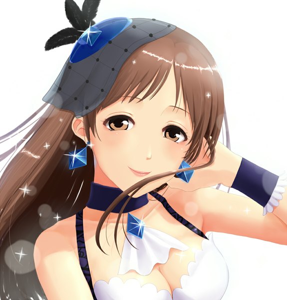 Anime picture 1035x1080 with idolmaster idolmaster cinderella girls nitta minami saty-rokuji (artist) single long hair tall image looking at viewer smile brown hair white background bare shoulders brown eyes girl hair ornament earrings frills