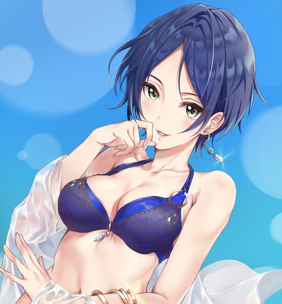 Anime picture 868x934 with idolmaster idolmaster cinderella girls hayami kanade sayuuiede single tall image blush short hair breasts light erotic yellow eyes blue hair looking away upper body sparkle official alternate costume blue background hand to mouth girl earrings