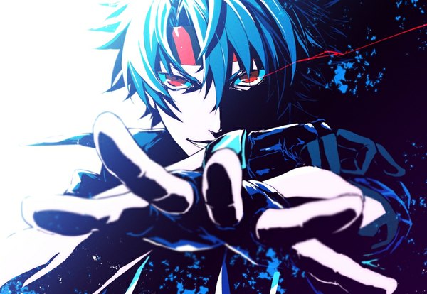 Anime picture 908x627 with majutsushi orphen j.c. staff orphen pizaya single looking at viewer fringe short hair open mouth smile hair between eyes red eyes blue hair outstretched arm face spiked hair boy gloves hairband fingerless gloves