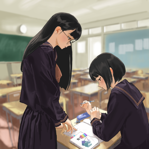 Anime picture 2048x2048 with original hiramedousa long hair highres short hair black hair standing sitting multiple girls holding brown eyes profile blurry depth of field looking down pointing classroom freckles bob cut girl