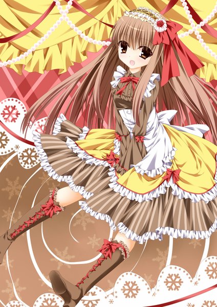 Anime picture 1240x1754 with original shisui (kachoufuugetsu) single long hair tall image looking at viewer blush open mouth brown hair brown eyes girl dress bow ribbon (ribbons) boots frills headdress beads