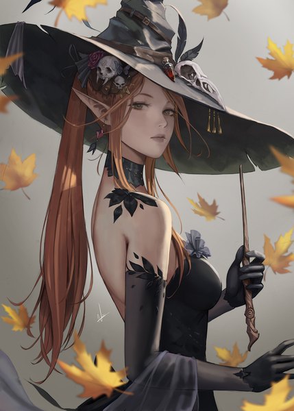 Anime picture 1250x1750 with original nibelart single long hair tall image looking at viewer fringe breasts simple background brown hair standing holding brown eyes signed payot upper body ponytail hair flower pointy ears blurry