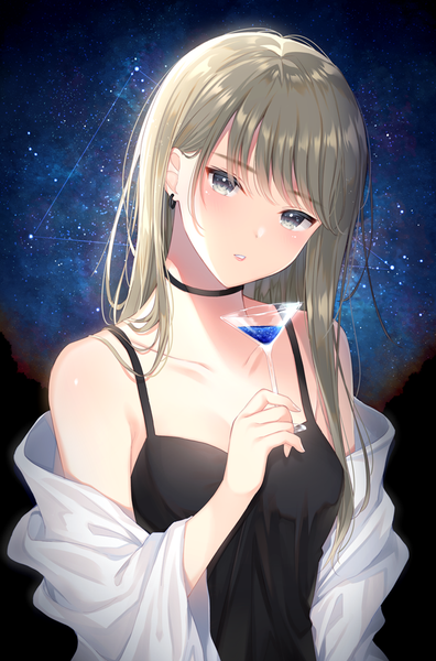 Anime picture 661x1000 with original noda shuha single long hair tall image looking at viewer blush fringe breasts brown hair standing bare shoulders holding upper body blunt bangs parted lips head tilt off shoulder night grey eyes