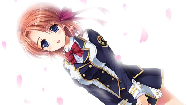 Anime picture 1024x576 with futagoza no paradox single looking at viewer blush short hair open mouth blue eyes brown hair wide image white background game cg girl uniform ribbon (ribbons) hair ribbon school uniform petals bowtie