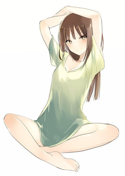 Anime picture 600x844 with original lpip single long hair tall image blush fringe simple background brown hair white background sitting brown eyes payot cleavage full body bent knee (knees) blunt bangs head tilt barefoot wide sleeves
