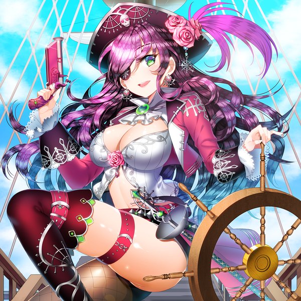 Anime picture 875x875 with original aile (crossroads) single long hair blush open mouth light erotic smile standing green eyes pink hair sky cloud (clouds) bent knee (knees) pirate girl thighhighs flower (flowers) weapon hat