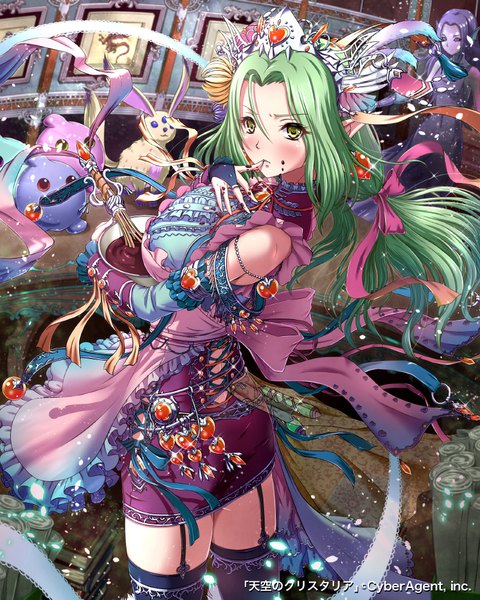 Anime picture 800x1000 with tenkuu no crystalia sakiyamama long hair tall image looking at viewer blush fringe breasts hair between eyes large breasts standing purple eyes bare shoulders multiple girls holding green eyes purple hair indoors looking back green hair