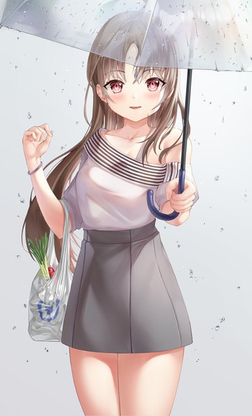 Anime picture 2211x3655 with original wakum single long hair tall image looking at viewer blush fringe highres breasts open mouth smile standing holding off shoulder gradient background rain transparent umbrella girl skirt