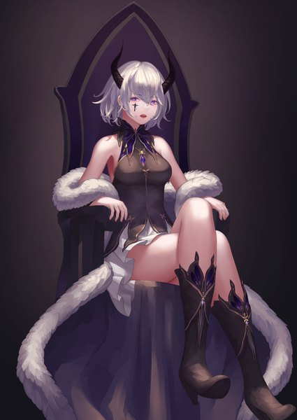 Anime picture 1200x1694 with original rinmmo single tall image looking at viewer blush fringe short hair breasts open mouth simple background hair between eyes sitting purple eyes bare shoulders payot silver hair full body nail polish pleated skirt