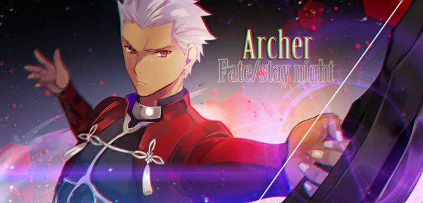 Anime picture 800x384 with fate (series) type-moon archer (fate) astarone single looking at viewer short hair red eyes wide image white hair nail polish copyright name character names portrait spread arms boy weapon bow (weapon)