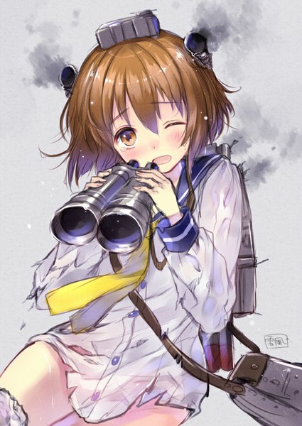 Anime picture 600x847 with kantai collection yukikaze destroyer hanekoto single tall image blush fringe short hair open mouth light erotic simple background brown hair brown eyes looking away one eye closed grey background torn clothes smoke girl uniform