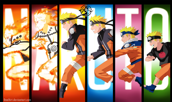 Anime picture 1824x1080 with naruto studio pierrot naruto (series) uzumaki naruto daalart (eyegame) highres short hair open mouth blue eyes blonde hair smile red eyes wide image yellow eyes profile grin coloring magic facial mark multiview