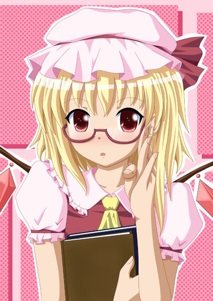 Anime picture 1024x1450 with touhou flandre scarlet neats (artist) single tall image blush short hair blonde hair red eyes bespectacled girl wings glasses book (books) bonnet crystal
