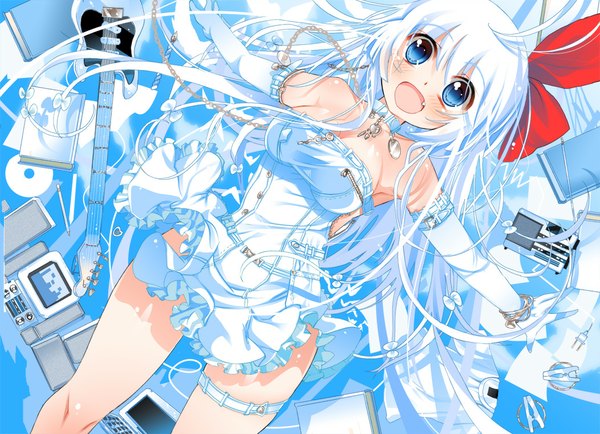 Anime picture 1053x763 with original sodapop (iemaki) single long hair looking at viewer blush open mouth blue eyes light erotic bare shoulders ahoge white hair teeth fang (fangs) girl dress gloves elbow gloves bracelet collar