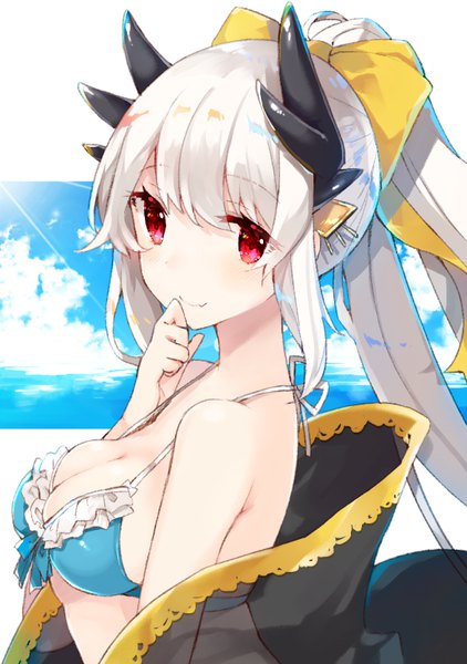 Anime picture 635x903 with fate (series) fate/grand order kiyohime (fate) kiyohime (swimsuit lancer) (fate) sakofu single long hair tall image looking at viewer breasts light erotic red eyes large breasts payot sky cloud (clouds) white hair ponytail horn (horns) hand to mouth