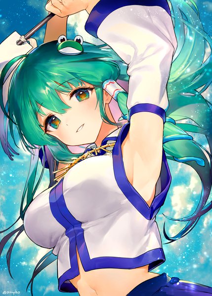 Anime picture 1000x1399 with touhou kochiya sanae ainy single long hair tall image looking at viewer fringe hair between eyes green eyes signed upper body ahoge parted lips green hair arms up armpit (armpits) midriff twitter username girl