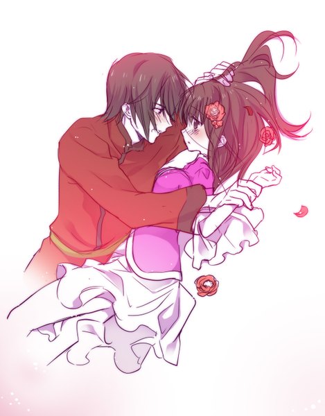 Anime picture 1102x1410 with axis powers hetalia studio deen taiwan (hetalia) hong kong (hetalia) kamira (artist) long hair tall image blush short hair simple background brown hair white background brown eyes lying traditional clothes profile hair flower couple hug pale skin