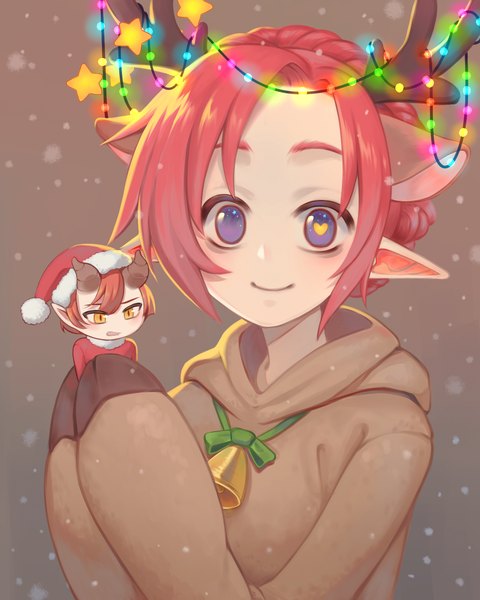 Anime picture 1200x1500 with original reiji-rj tall image short hair smile purple eyes multiple girls animal ears yellow eyes red hair horn (horns) pointy ears symbol-shaped pupils snowing christmas bell collar heart-shaped pupils minigirl antlers deer ears