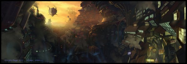 Anime picture 2983x1024 with aniu highres wide image city evening sunset cityscape science fiction panorama
