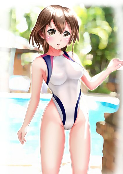 Anime picture 794x1123 with original reiji-sss single tall image looking at viewer blush short hair open mouth light erotic smile brown hair brown eyes girl swimsuit pool competition swimsuit