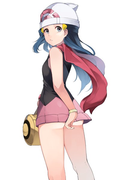 Anime picture 2480x3508 with pokemon pokemon dppt nintendo dawn (pokemon) kurutsuki single long hair tall image looking at viewer highres blue eyes light erotic simple background standing white background bare shoulders blue hair ass looking back from behind