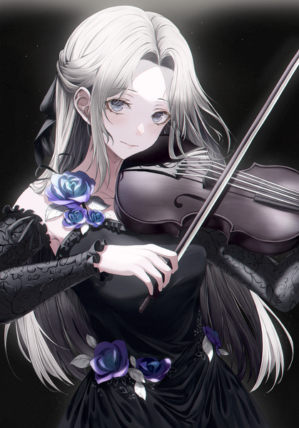 Anime picture 2414x3454 with original matsogum single long hair tall image looking at viewer blush fringe highres simple background smile standing holding silver hair black background half updo silver eyes playing instrument girl dress