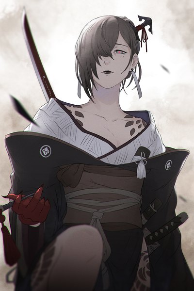 Anime picture 900x1350 with nier nier reincarnation akeha (nier reincarnation) koyoriin single tall image looking at viewer fringe short hair breasts black hair holding signed cleavage traditional clothes japanese clothes blurry hair over one eye off shoulder mole