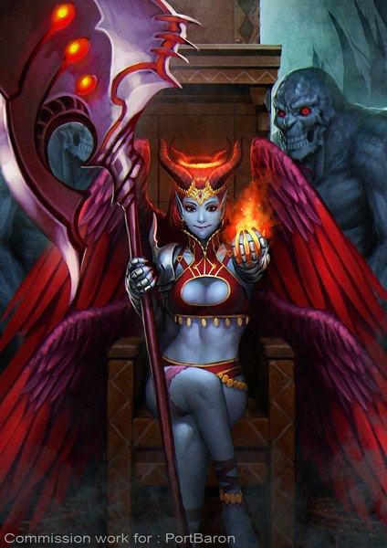 Anime picture 800x1132 with nudtawut thongmai tall image looking at viewer light erotic red eyes brown eyes cleavage horn (horns) pointy ears realistic legs blue skin multiple wings girl weapon earrings wings huge weapon monster flame