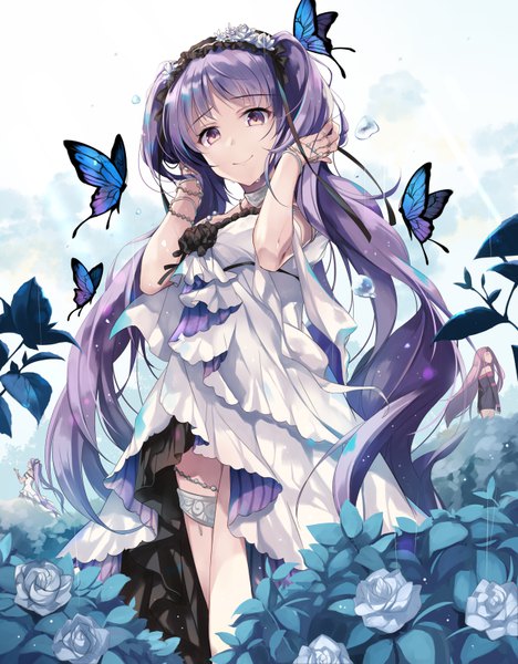 Anime picture 625x800 with fate (series) fate/grand order fate/stay night fate/hollow ataraxia rider euryale (fate) stheno hirai yuzuki tall image looking at viewer smile standing twintails purple eyes multiple girls purple hair very long hair rain girl dress