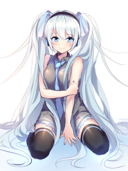 Anime picture 600x800 with vocaloid hatsune miku mery (yangmalgage) single tall image looking at viewer blush blue eyes simple background smile white background sitting twintails bare shoulders blue hair very long hair girl thighhighs black thighhighs