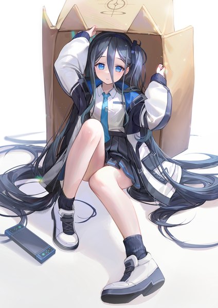 Anime picture 1500x2122 with blue archive aris (blue archive) hansum single tall image looking at viewer fringe blue eyes black hair simple background hair between eyes white background sitting full body very long hair pleated skirt open jacket one side up girl skirt